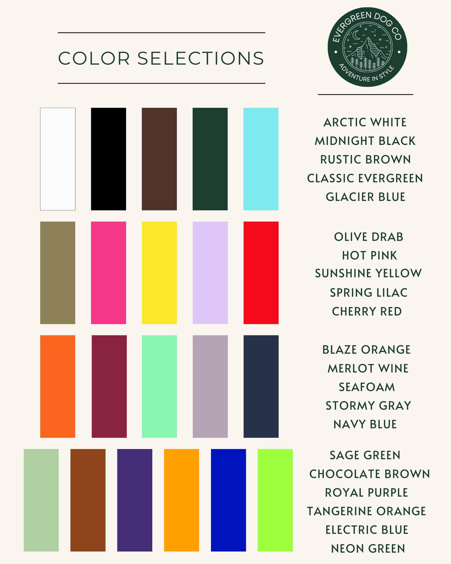 Color chart for Evergreen Dog Co