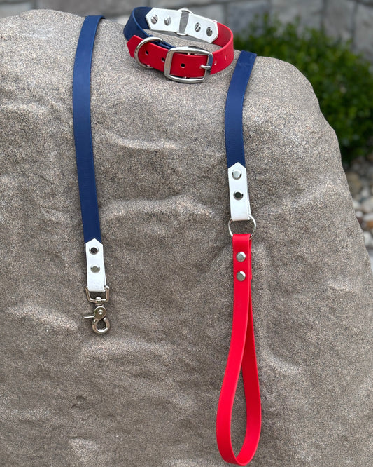 A red, white and blue dog collar with silver hardware sitting on a stone.
