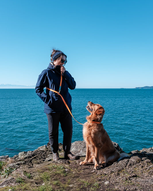 A woman in a navy blue jacket and black pants stands on a rocky shoreline holding an Tangerine Orange and Glacier Blue Multi-Way Leash next to a golden retriever dog, with a bright blue ocean and sky in the background.