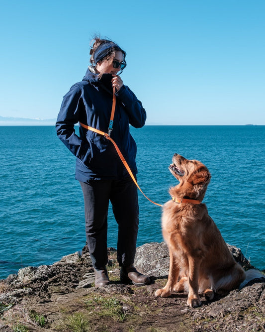 A woman in a navy blue jacket and black pants stands on a rocky shoreline holding an Tangerine Orange and Glacier Blue Multi-Way Leash next to a golden retriever dog, with a bright blue ocean and sky in the background.