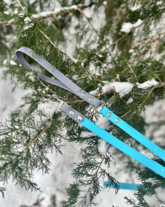 A glacier Blue and Stormy Grey two-tone classic leash resting on a pine tree in the snow.
