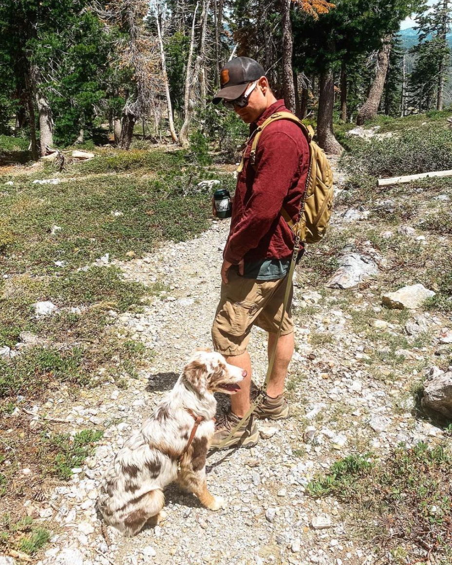 A person in the woods with a backpack and hiswhite and brown dog sitting next to him. Attached to the backpack is an Olive Drab multiway leash.