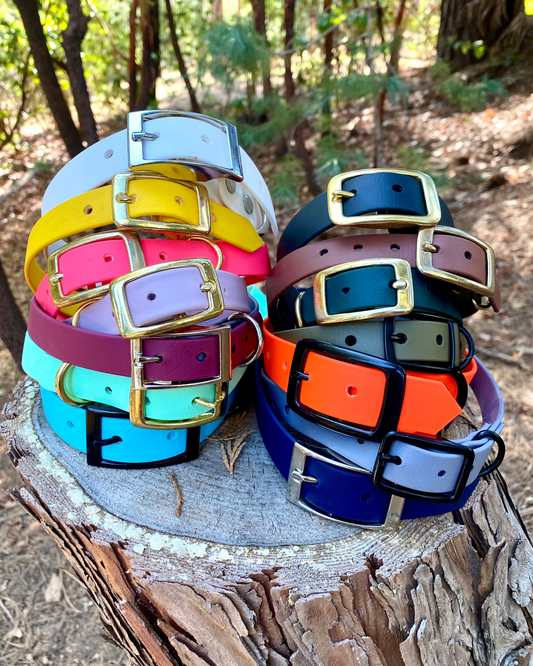 A stack of BioThane dog collars on a log. They are multiple colors.