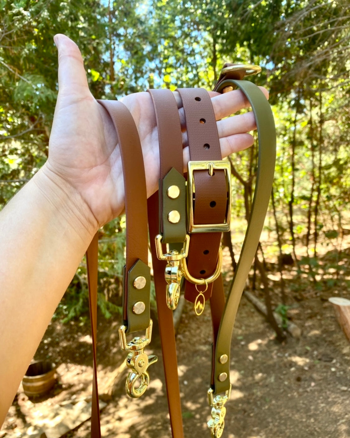 A two tone leash and collar set being held in the woods. The leash and collars are brown and olive green with gold hardware.
