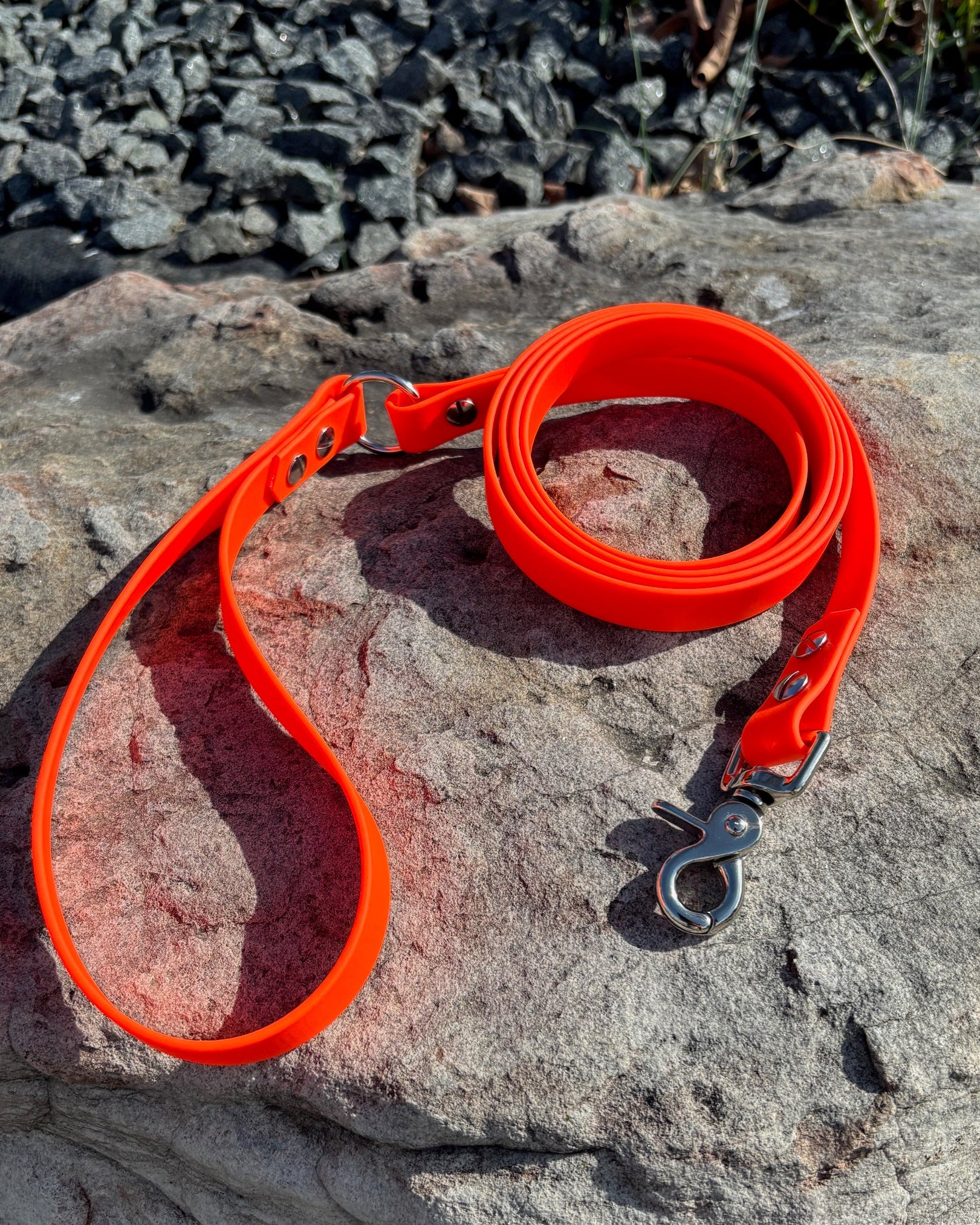 A Blaze Orange Dog Leash with silver hardware resting on a rock