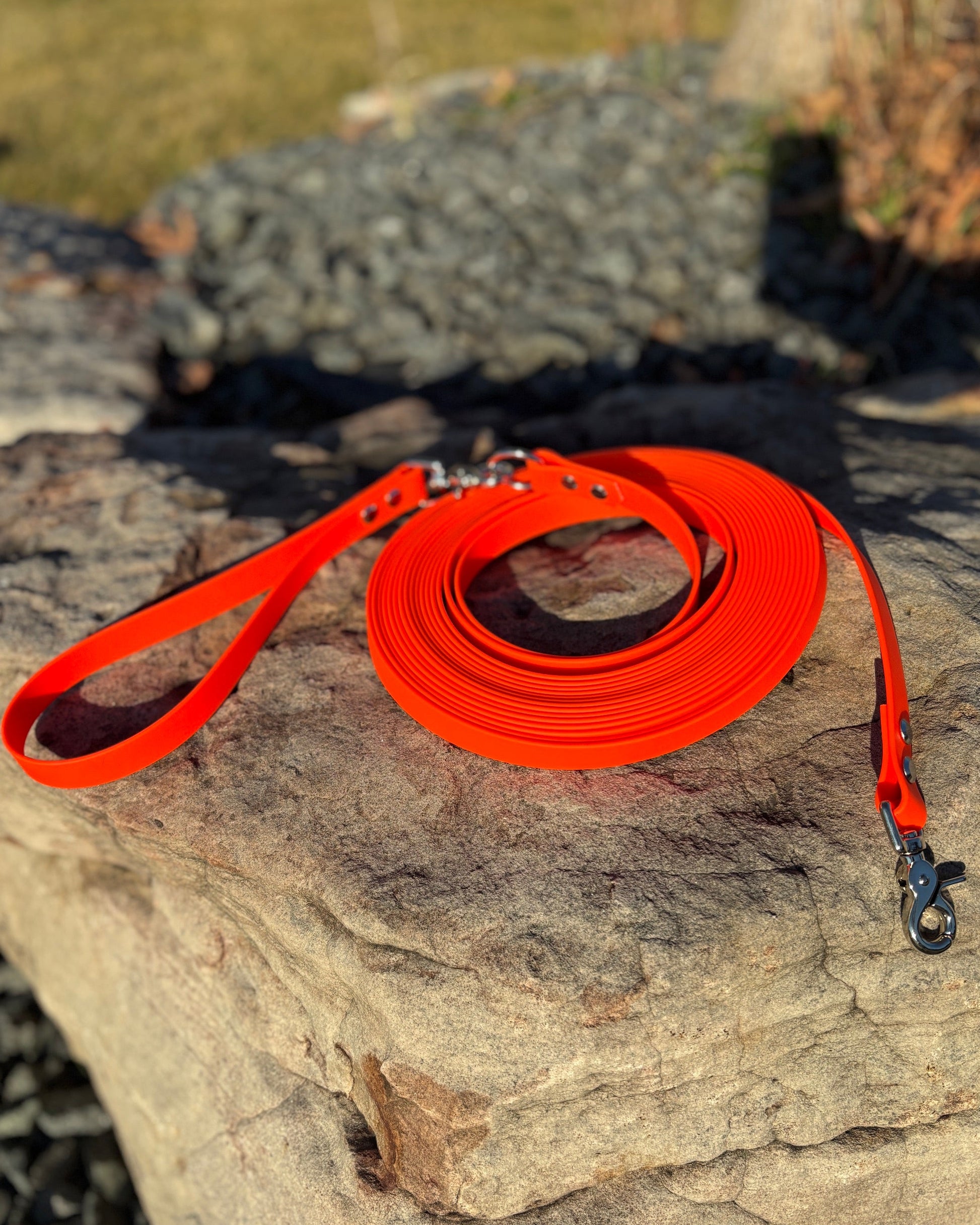 A Blaze Orange Long Line made from BioThane resting on a rock. It has silver hardware.