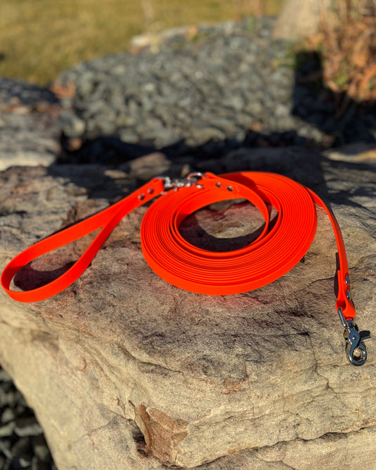 A Blaze Orange Long Line made from BioThane resting on a rock. It has silver hardware.