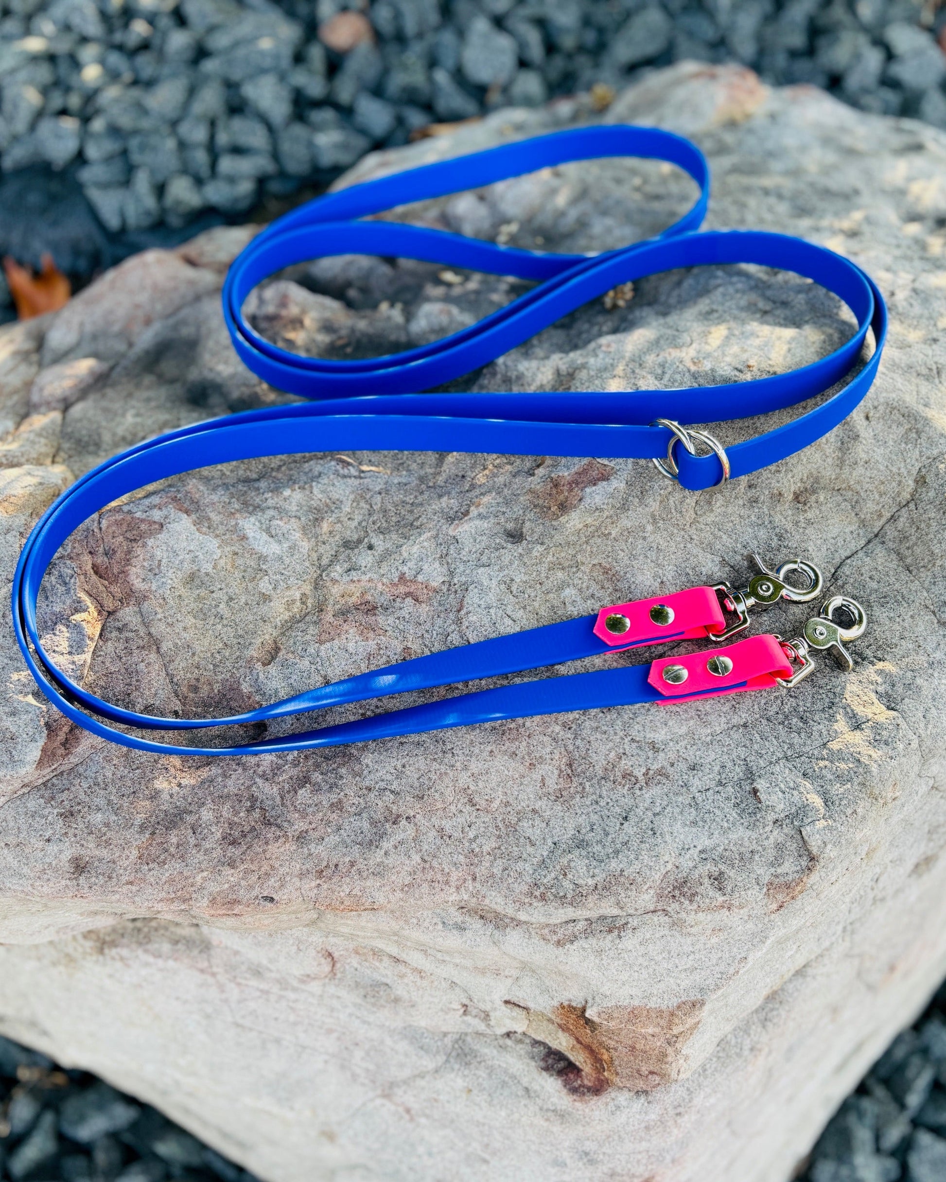 An Electric Blue and Hot Pink Multi-Way Dog Leash laying on a large rock surrounded by other rocks. The hardware on the leash is silver.