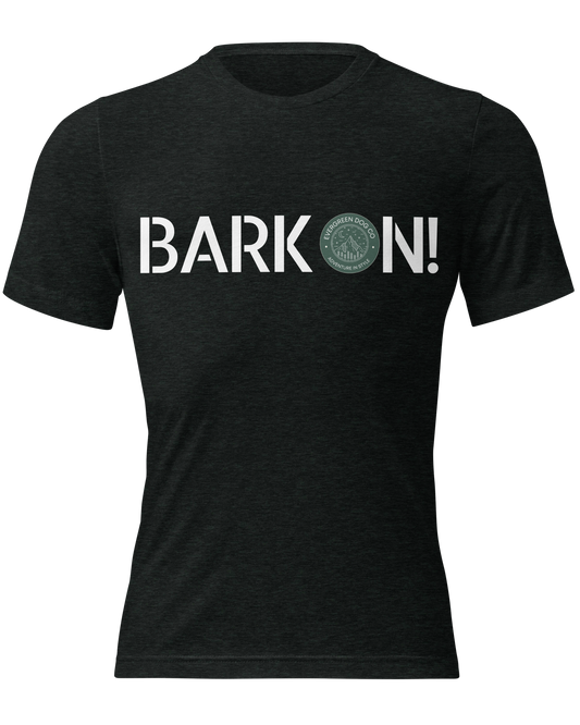Black Evergreen Dog Co t-shirt with 'BARK ON!' text on a transparent background