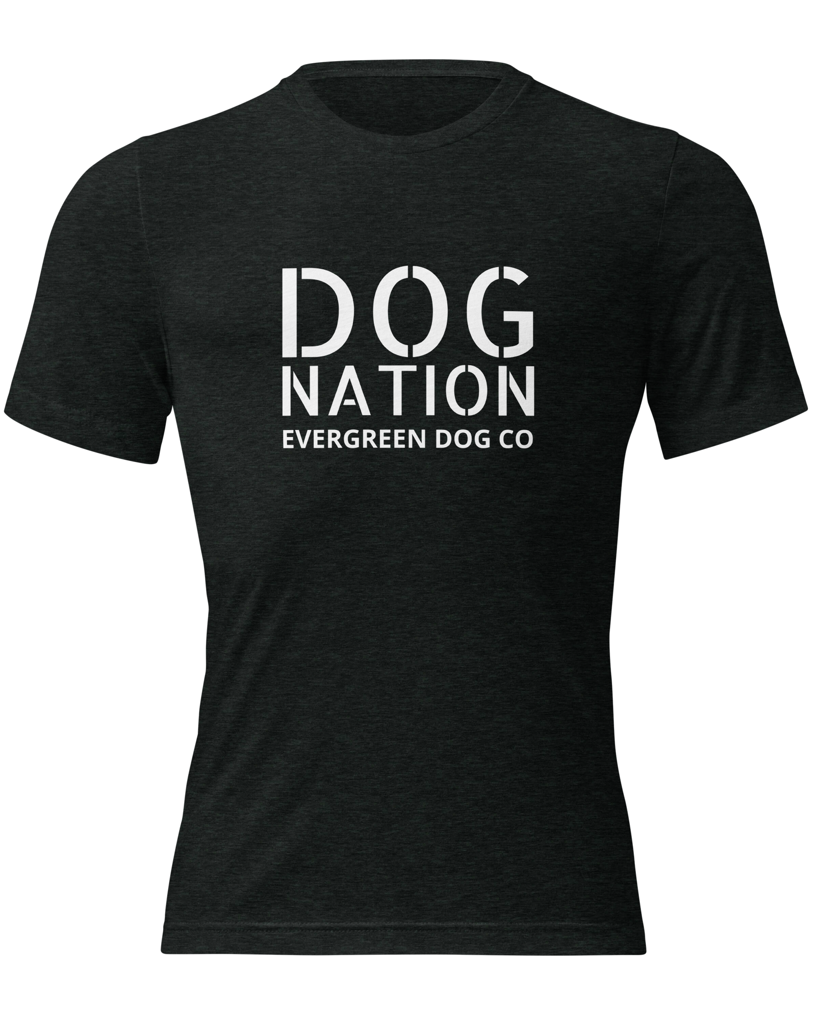 Black t-shirt with 'DOG NATION EVERGREEN DOG CO' text on a transparent background