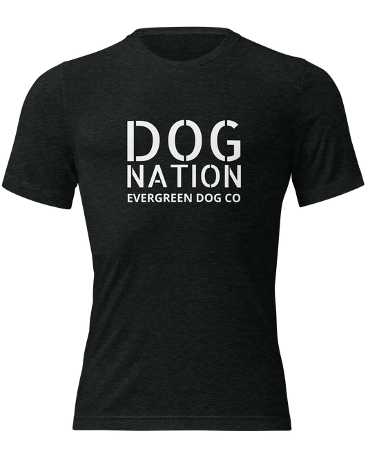 Black t-shirt with 'DOG NATION EVERGREEN DOG CO' text on a transparent background