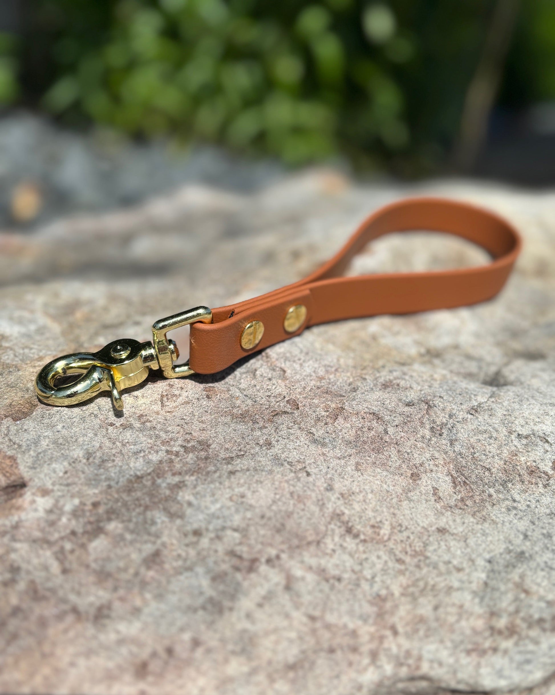 A GearSnap with an end gold trigger snap sitting on top of a rock
