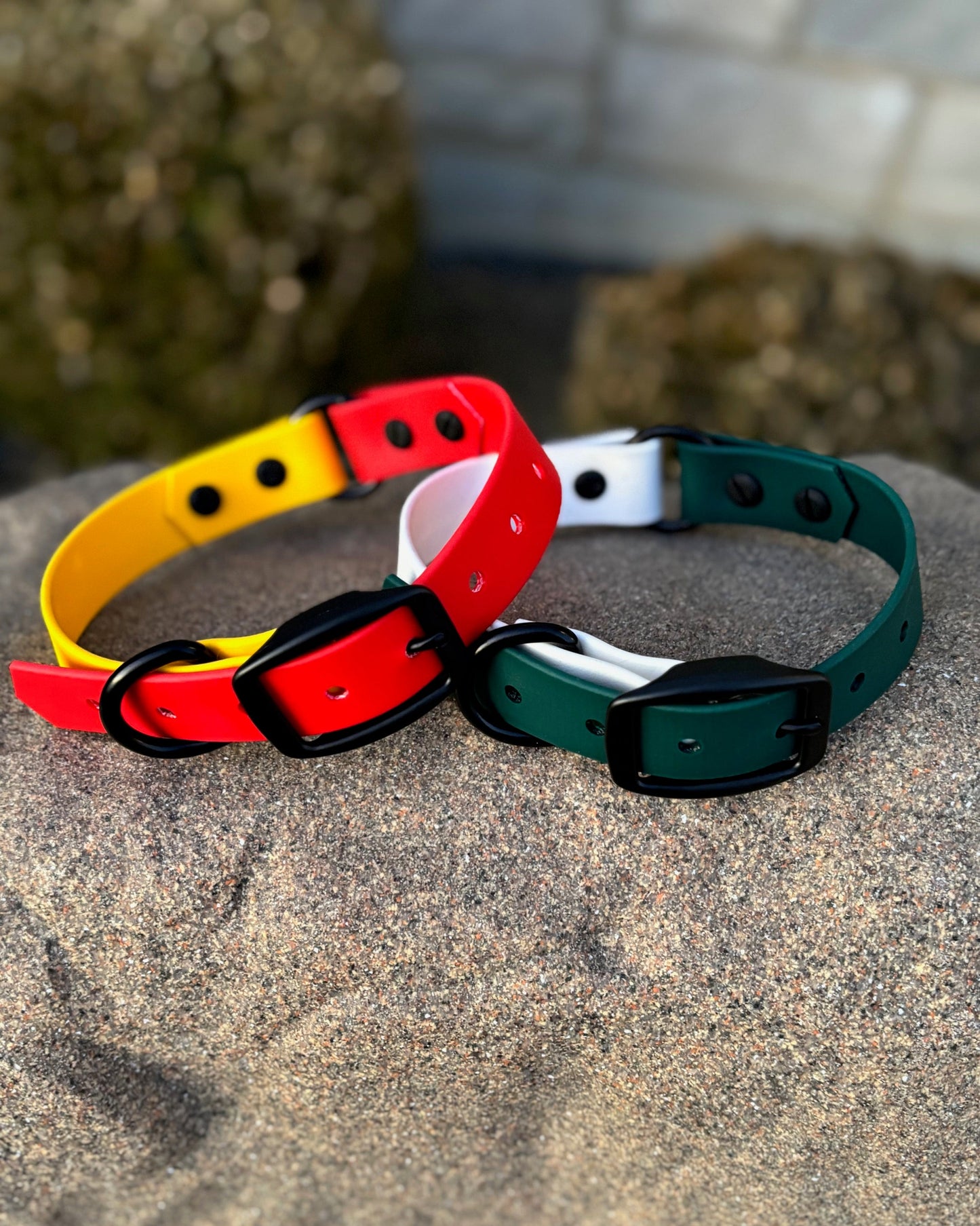 Two waterproof dog collars sitting on a stone. One collar is red, yellow and black. The other is green, white and black.