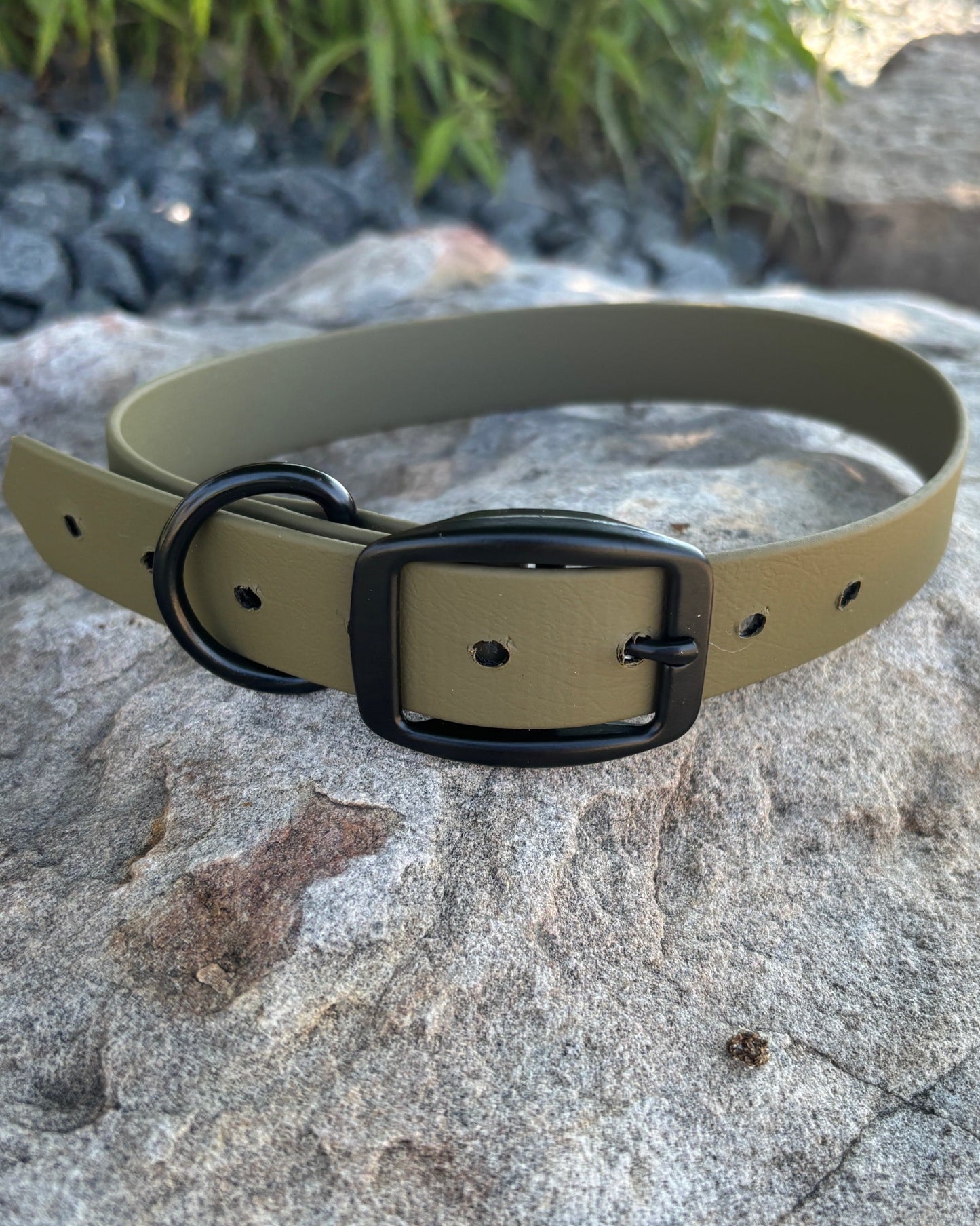 An Olive Drab Classic Collar from Evergreen Dog Co with black hardware sitting on a rock