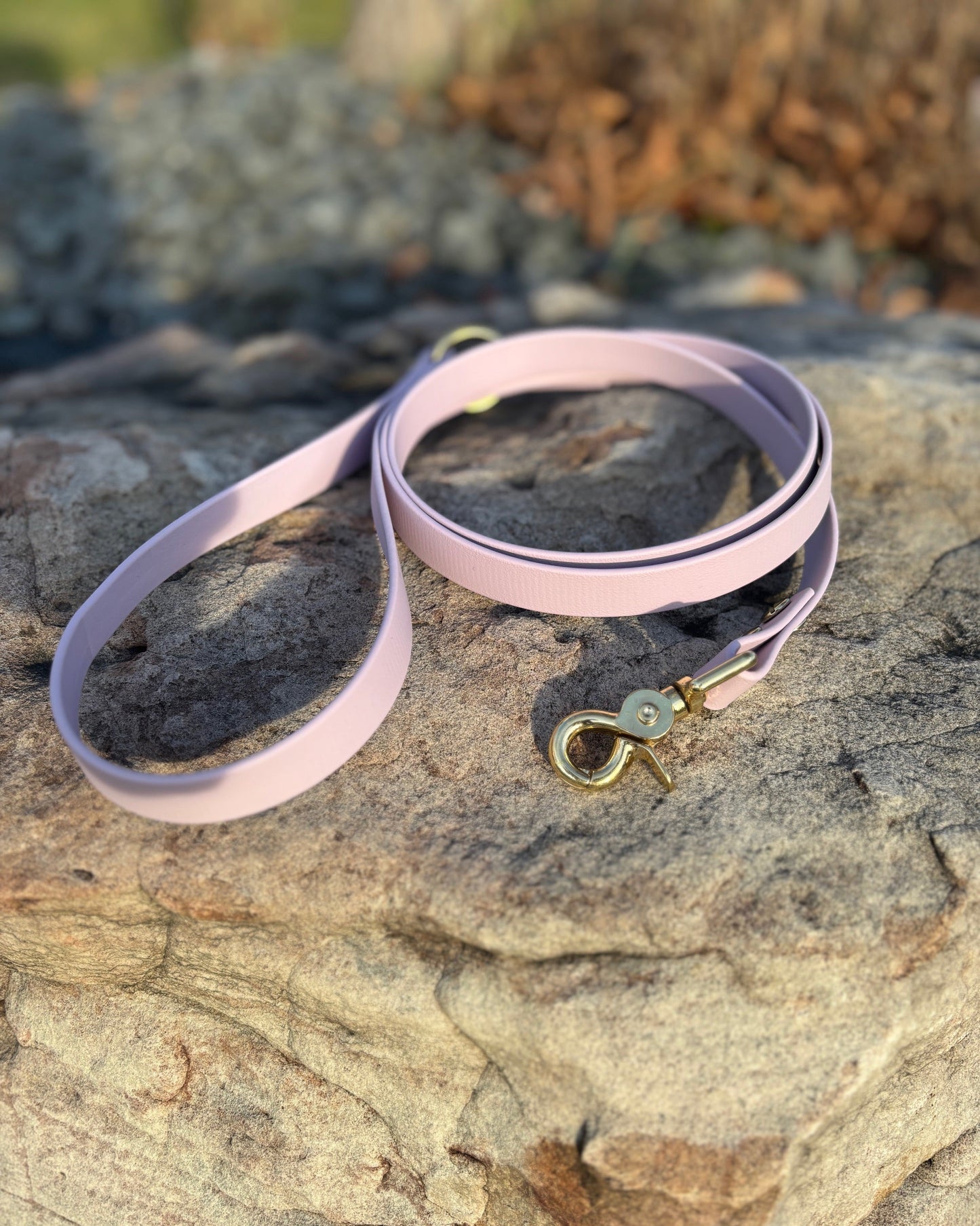 A Spring Lilac Classic Leash curled up and sitting on a large rock.
