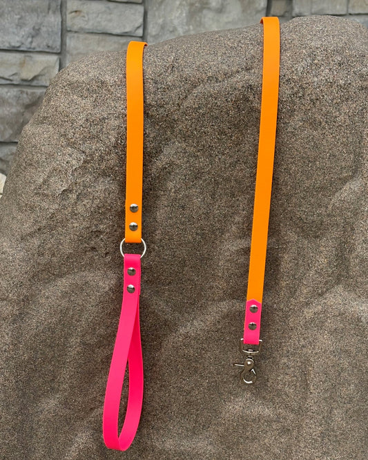 A Two-Tone Classic Leash in Tangerine Orange and Hot Pink laying over a rock