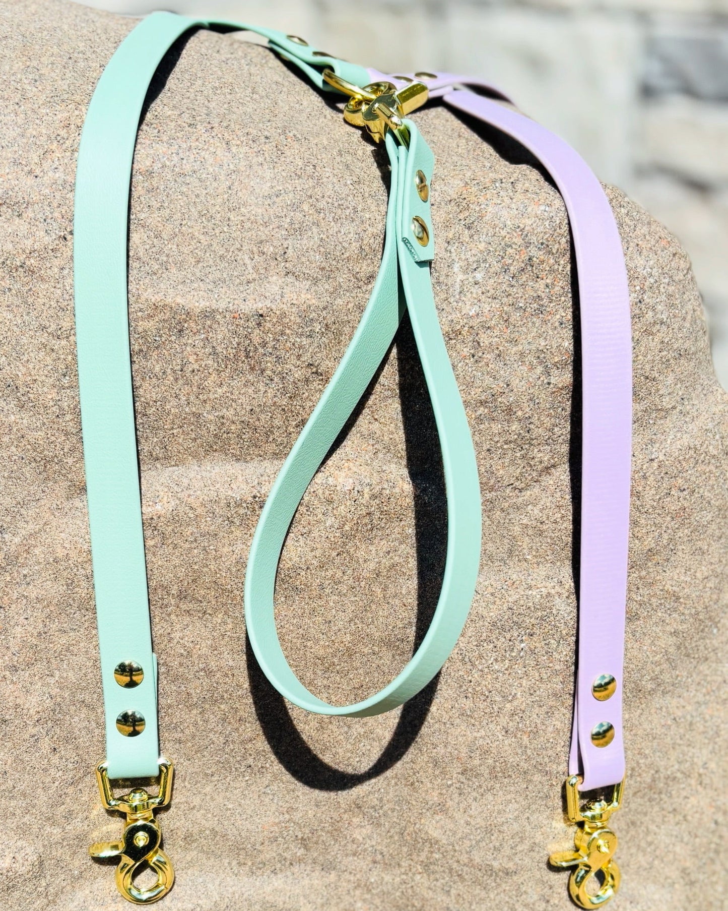 A Sage Green and Spring Lilac Two Tone Two Dog Leash Splitter resting on a large rock.