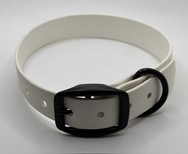 white dog collar made from biothane material with black hardware