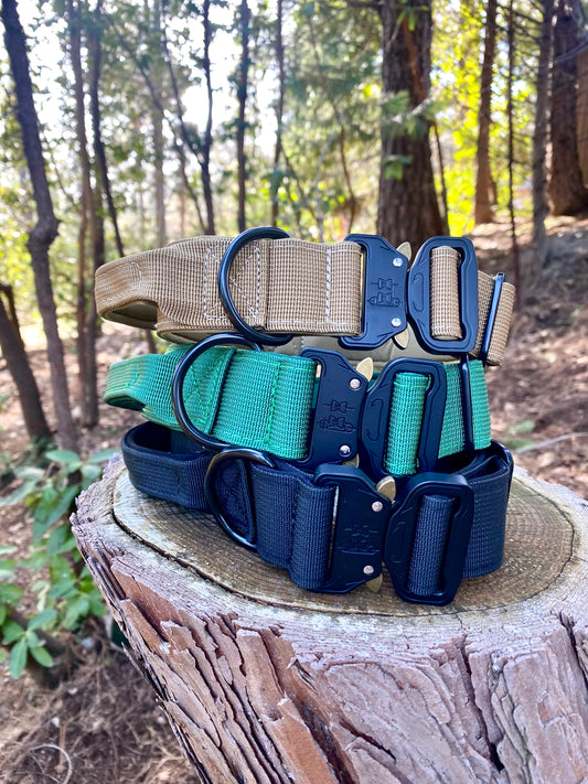 3 dog collars stacked on a stump. Tan, green and black.