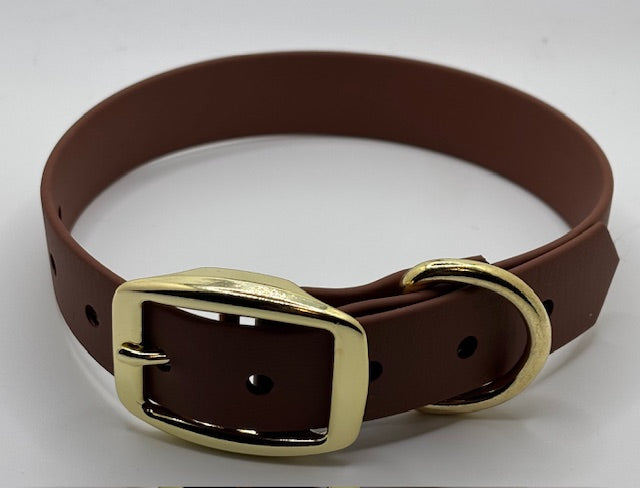 Dog collar made from biothane that is chocolate brown and has gold hardware