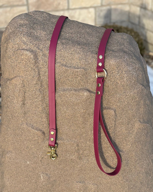 A classic leash made from BIoThane resting on a rock in front of a house with snow in the background. 