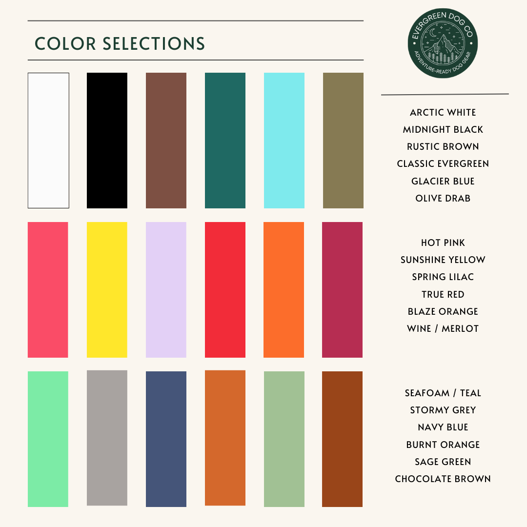 Color chart of available BioThane selections with Evergreen Dog Co logo in the top right corner.