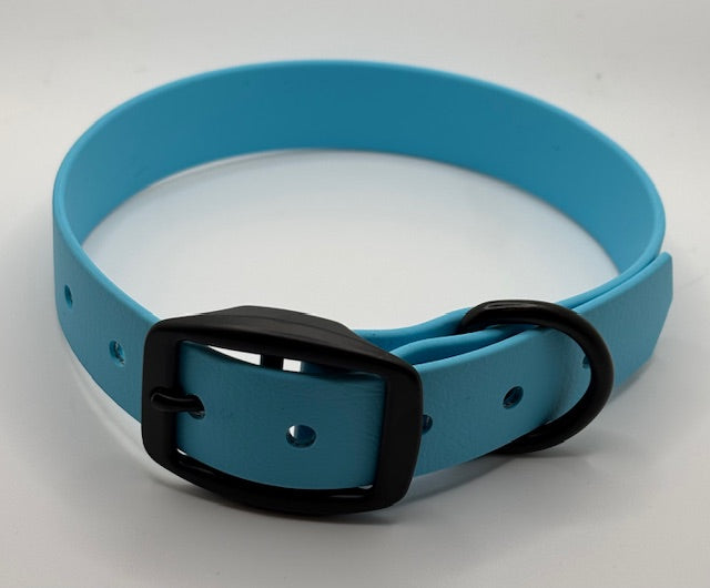 Light blue dog collar made from Biothane with a black buckle and o-ring