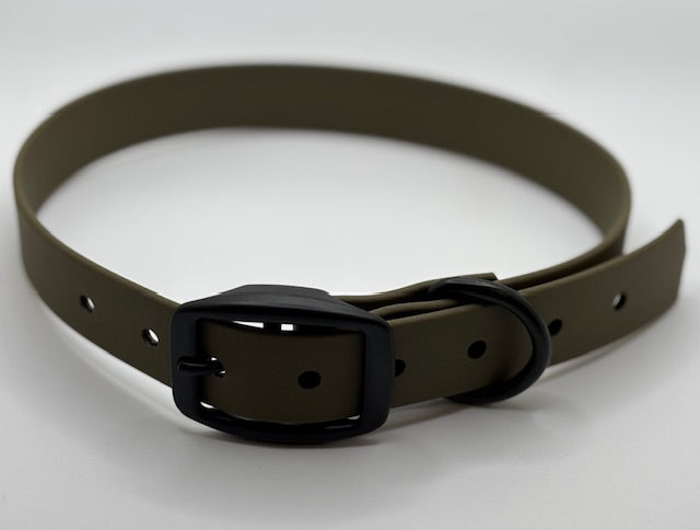 Dog collar made from olive biothane with a black buckle