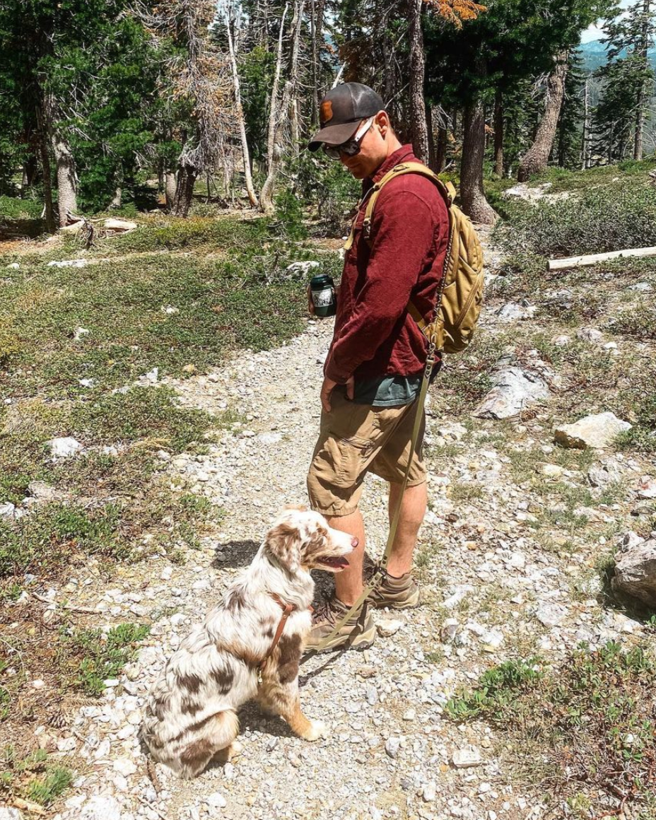 A person in the woods with a backpack and hiswhite and brown dog sitting next to him. Attached to the backpack is an Olive Drab multiway leash. 