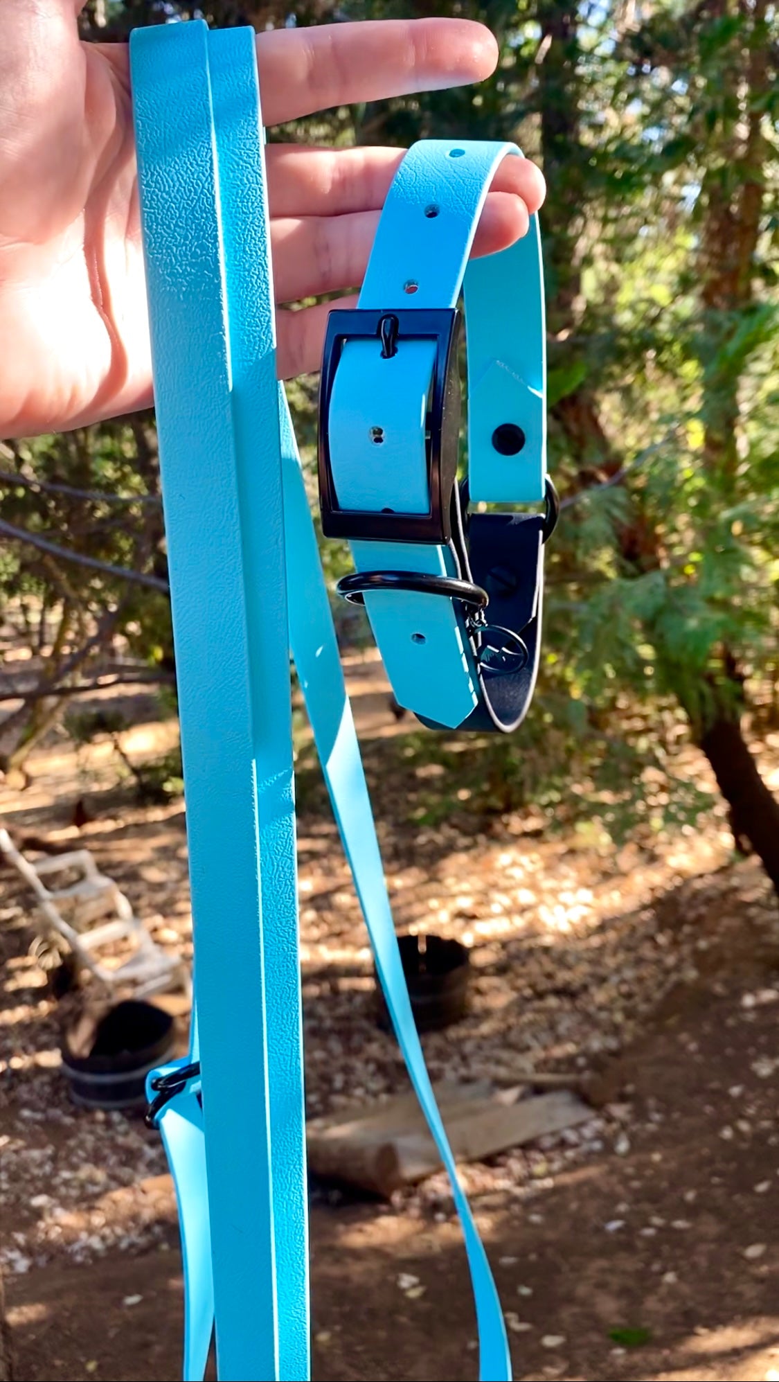 A navy blue and glacier blue multiway leash and collar set being held by a person in the woods.