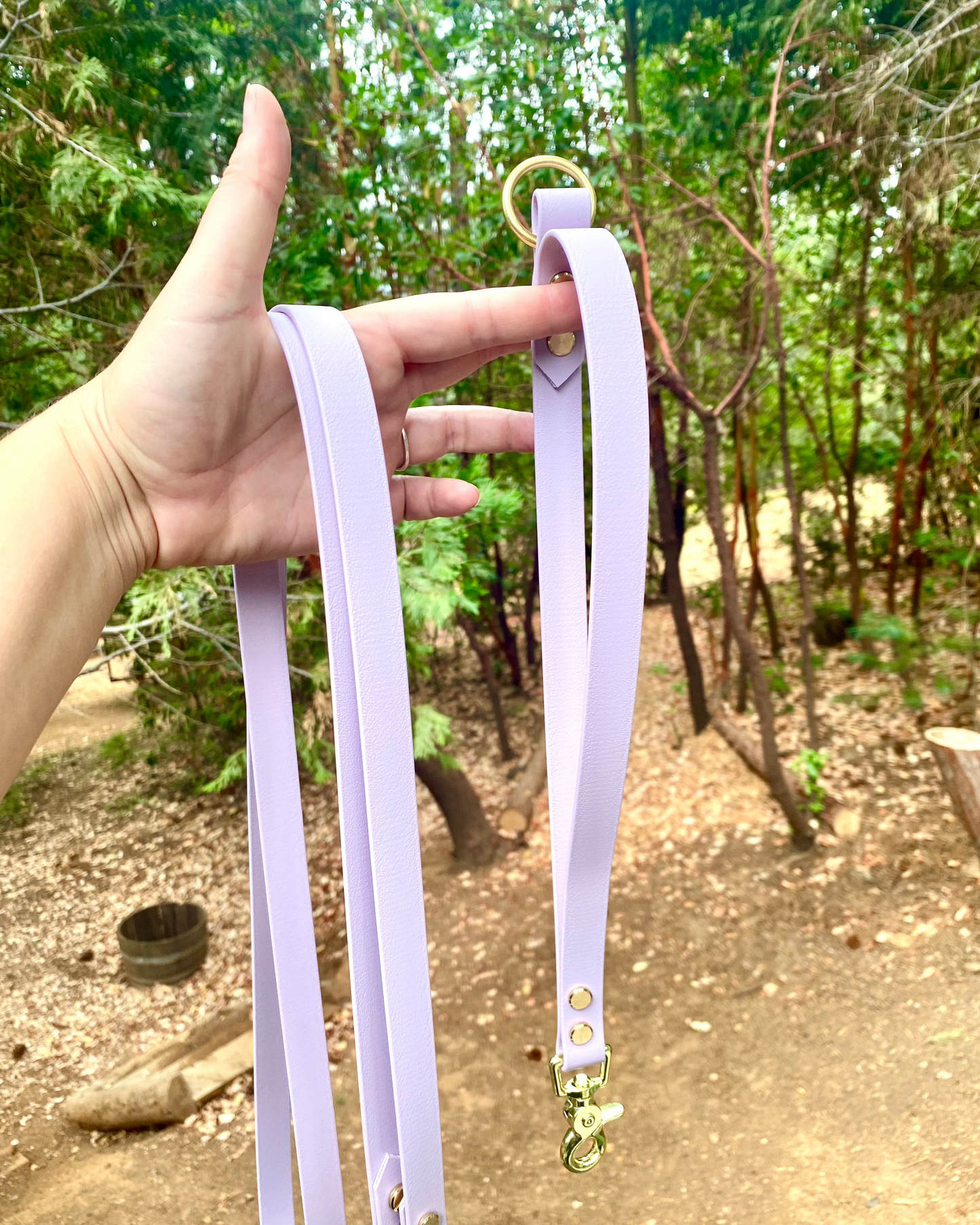 A person holding a traffic handle. The traffic handle is an extension of a leash that is matching further down the persons arm. They are matching lilac and gold colors.